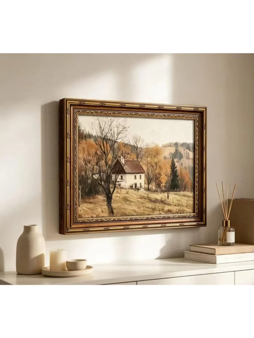 Rustic Vintage Gold Framed Autumn Wall Art - Farmhouse Landscape Canvas Print